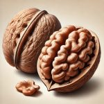 An ultra-realistic rendering of walnuts, showcasing both a whole walnut with its hard shell and a cracked open one revealing the textured, brain-like nut inside. The details and textures are highly lifelike, emphasizing the natural beauty of these nutritious nuts.