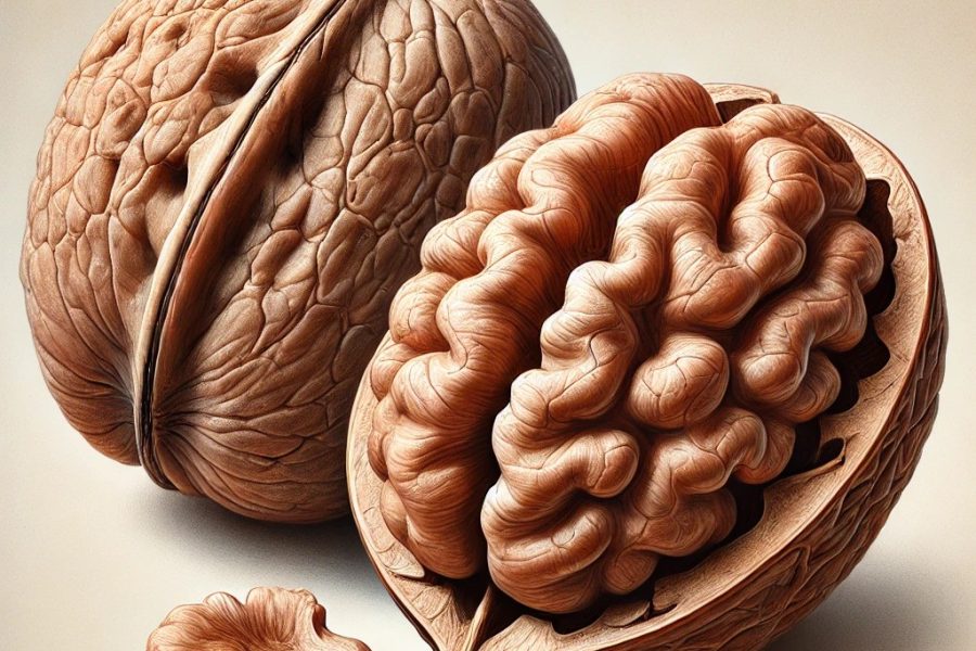 An ultra-realistic rendering of walnuts, showcasing both a whole walnut with its hard shell and a cracked open one revealing the textured, brain-like nut inside. The details and textures are highly lifelike, emphasizing the natural beauty of these nutritious nuts.