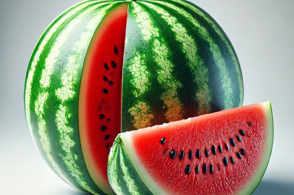 A realistic image of a whole watermelon with a wedge cut out on the side, revealing its juicy, vibrant red flesh with a few black seeds.