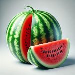 A realistic image of a whole watermelon with a wedge cut out on the side, revealing its juicy, vibrant red flesh with a few black seeds.