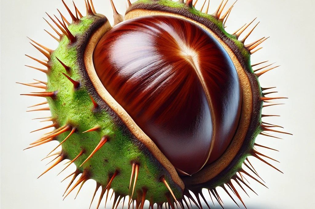 A realistic image of a horse chestnut with its shiny brown surface and spiky green shell