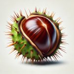 A realistic image of a horse chestnut with its shiny brown surface and spiky green shell