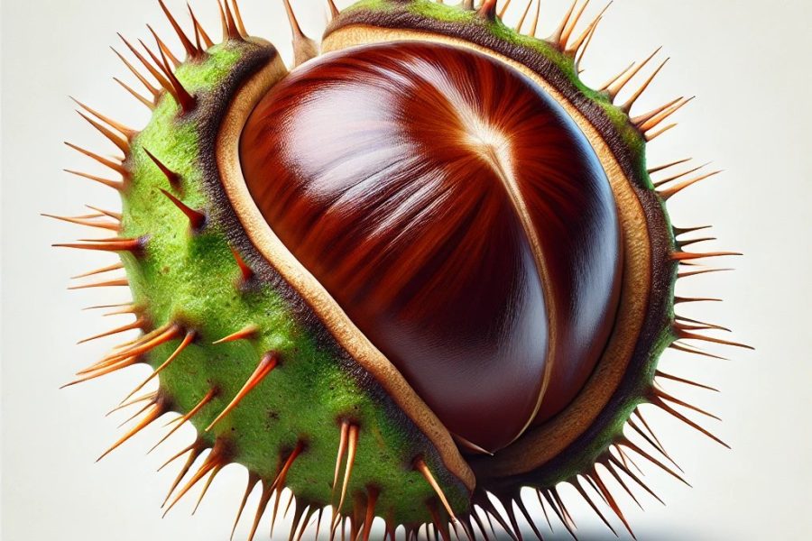 A realistic image of a horse chestnut with its shiny brown surface and spiky green shell